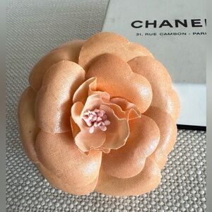 Chanel Camellia Flower Brooch Peach Blush Fabric 2.75” Made In France + Box